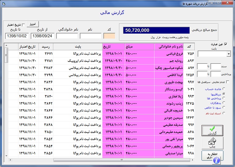 گزارش دریافت شهریه ها